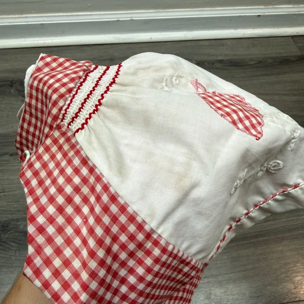 Vintage Red Gingham Mushroom House Baby Dress 3-6M Sleeveless Strawberry Button